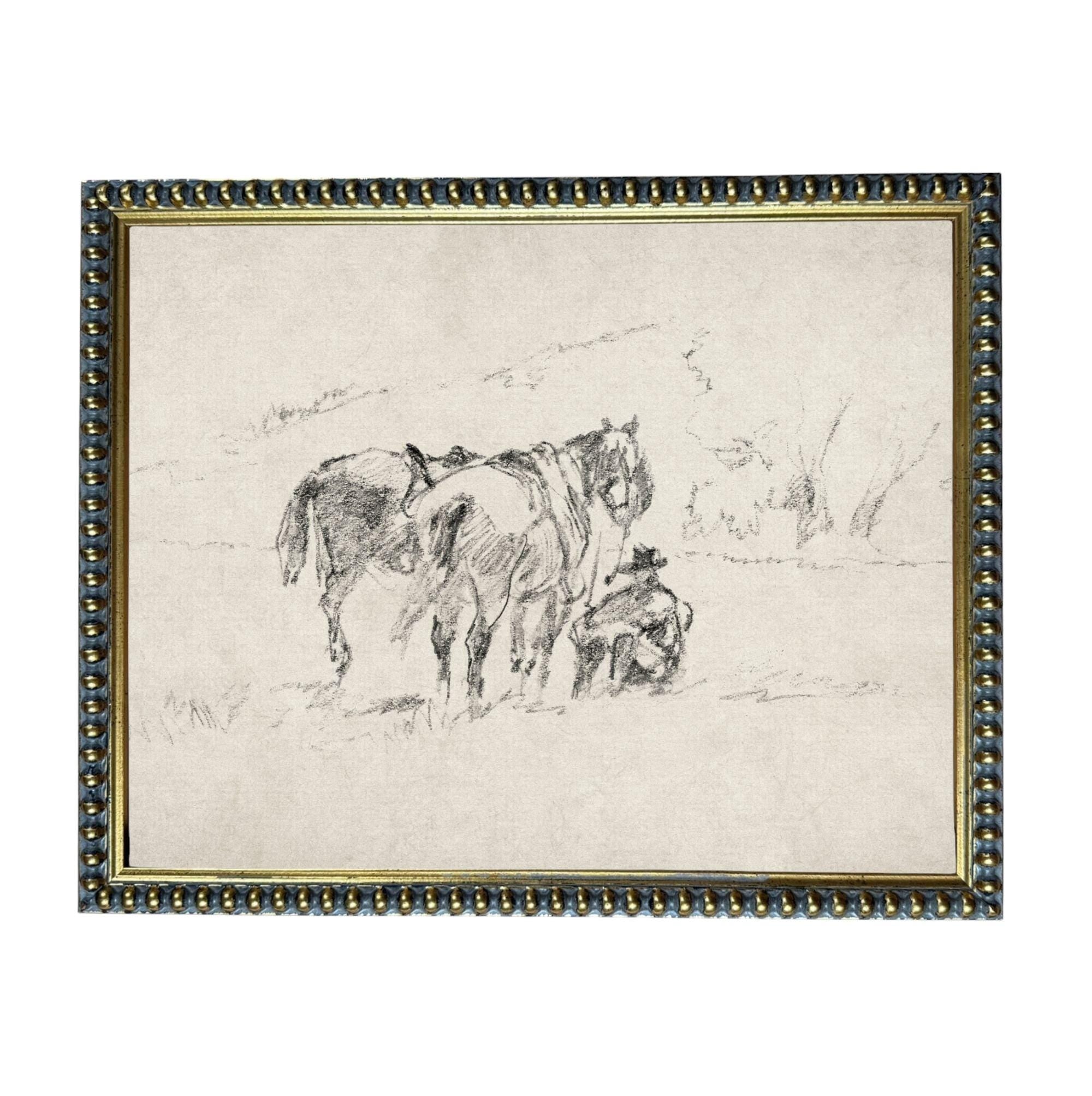 A black and white sketch of a horse and a person in a field.