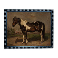 A painting of a brown and white horse standing in a field.