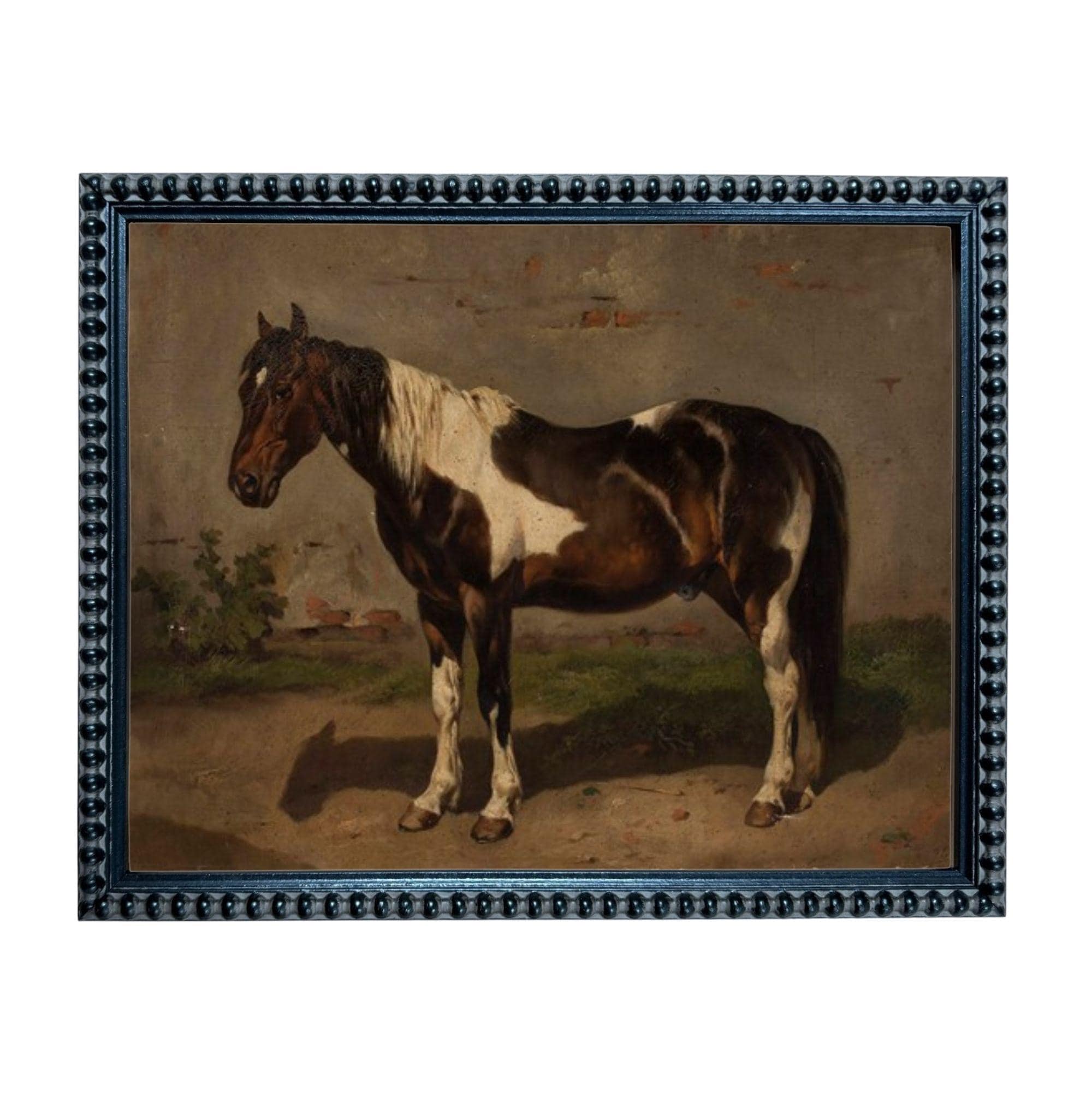 A painting of a brown and white horse standing in a field.