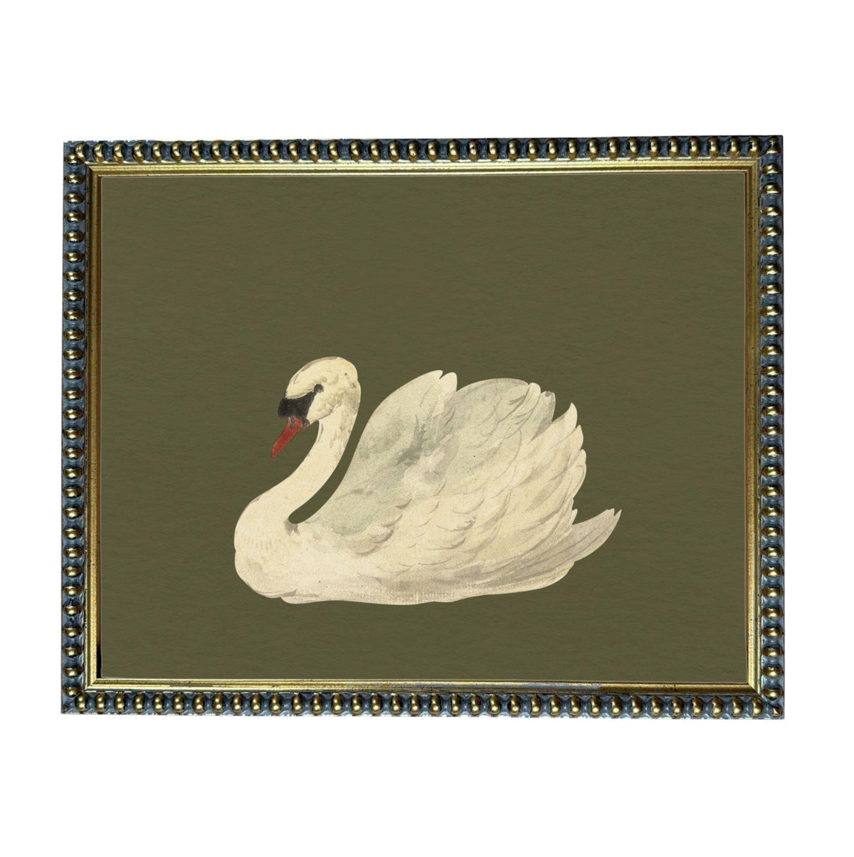 A framed painting of a white swan with a red beak, set against a dark green background.