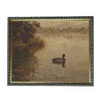 A painting of a duck swimming in a lake, surrounded by trees and mountains in the background.