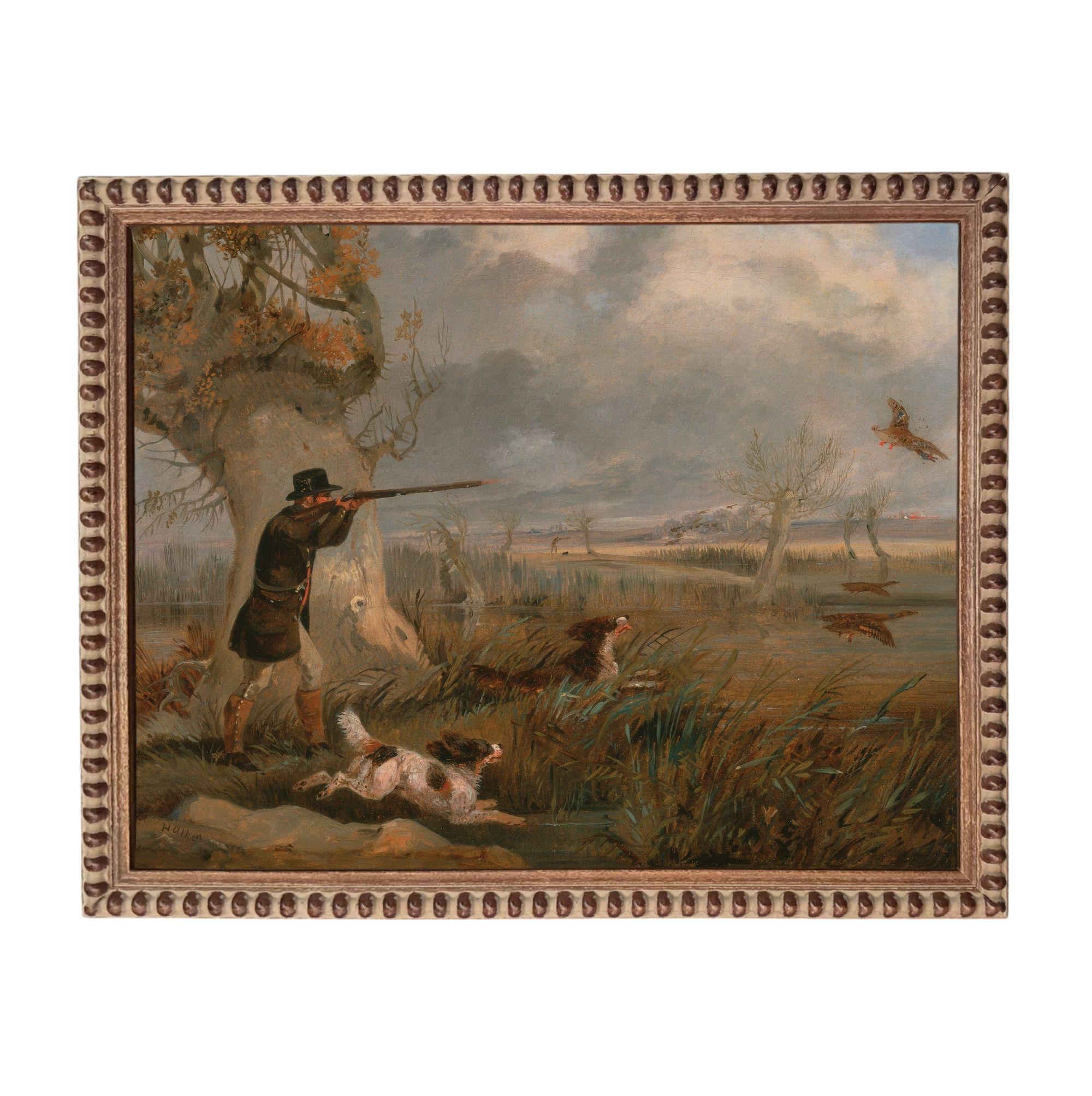 A painting depicting a man in hunting attire aiming a rifle at a flock of birds in a grassy field, with other birds visible in the background.