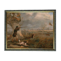 A painting depicting a man in hunting attire aiming a rifle at a group of dogs in a grassy field, with a cloudy sky in the background.