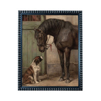 A brown horse and a brown and white dog are standing in a stable, with the horse looking down at the dog.