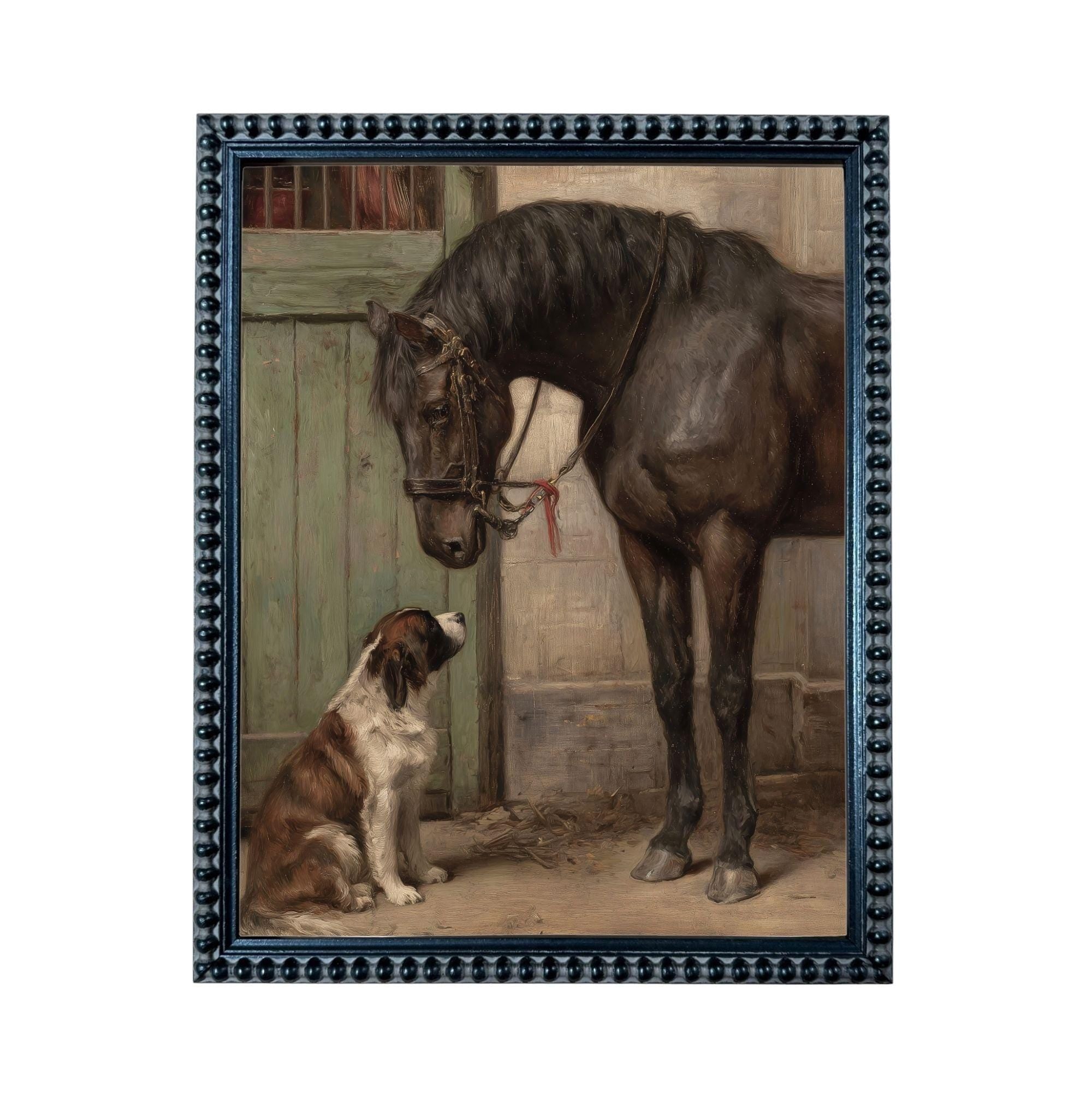 A brown horse and a brown and white dog are standing in a stable, with the horse looking down at the dog.
