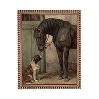 A brown horse and a brown and white dog are standing in a stable, with the horse looking down at the dog.