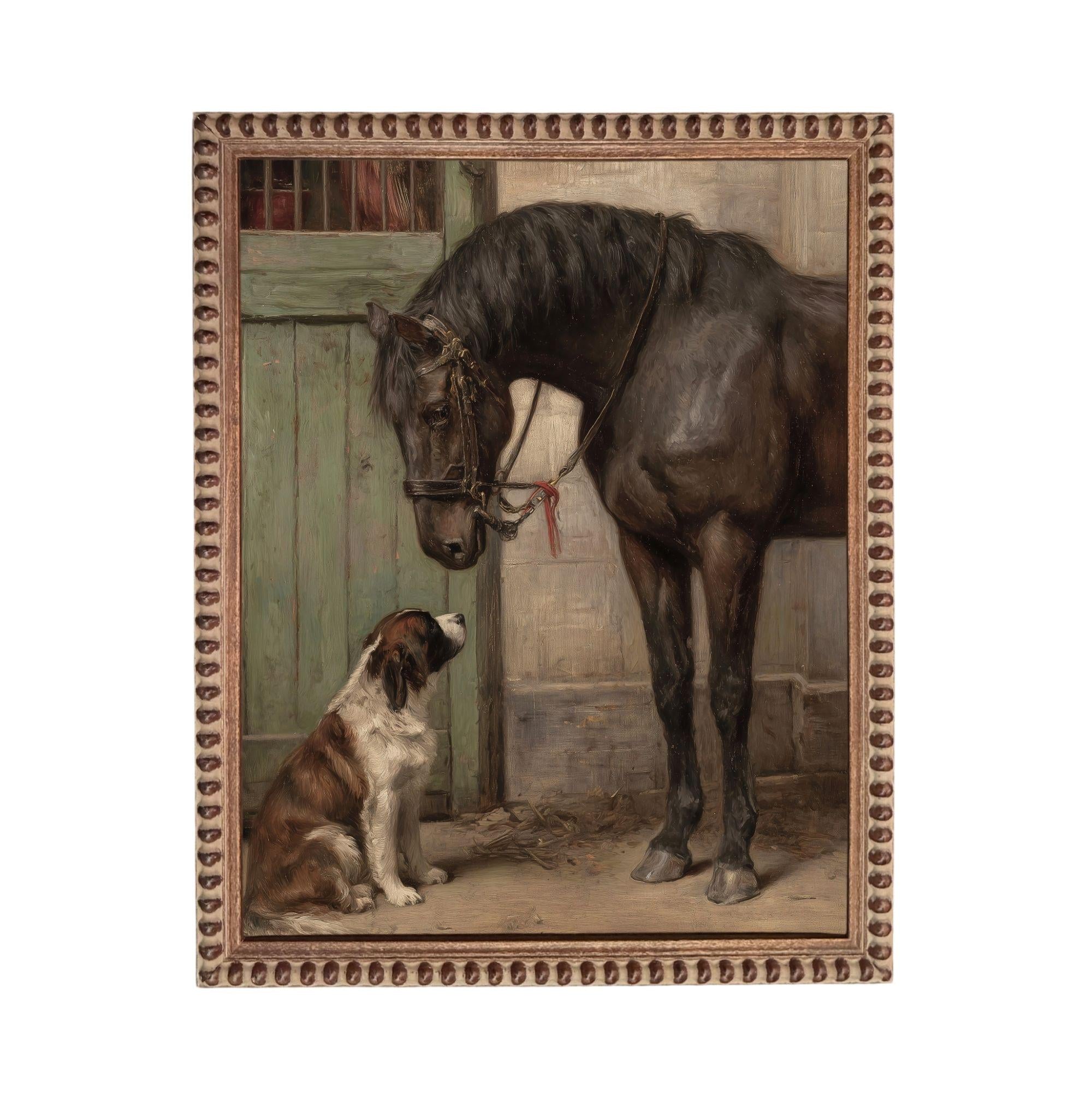 A brown horse and a brown and white dog are standing in a stable, with the horse looking down at the dog.