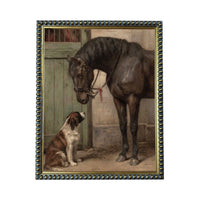 A brown horse and a brown and white dog are standing in a stable, with the horse looking down at the dog.