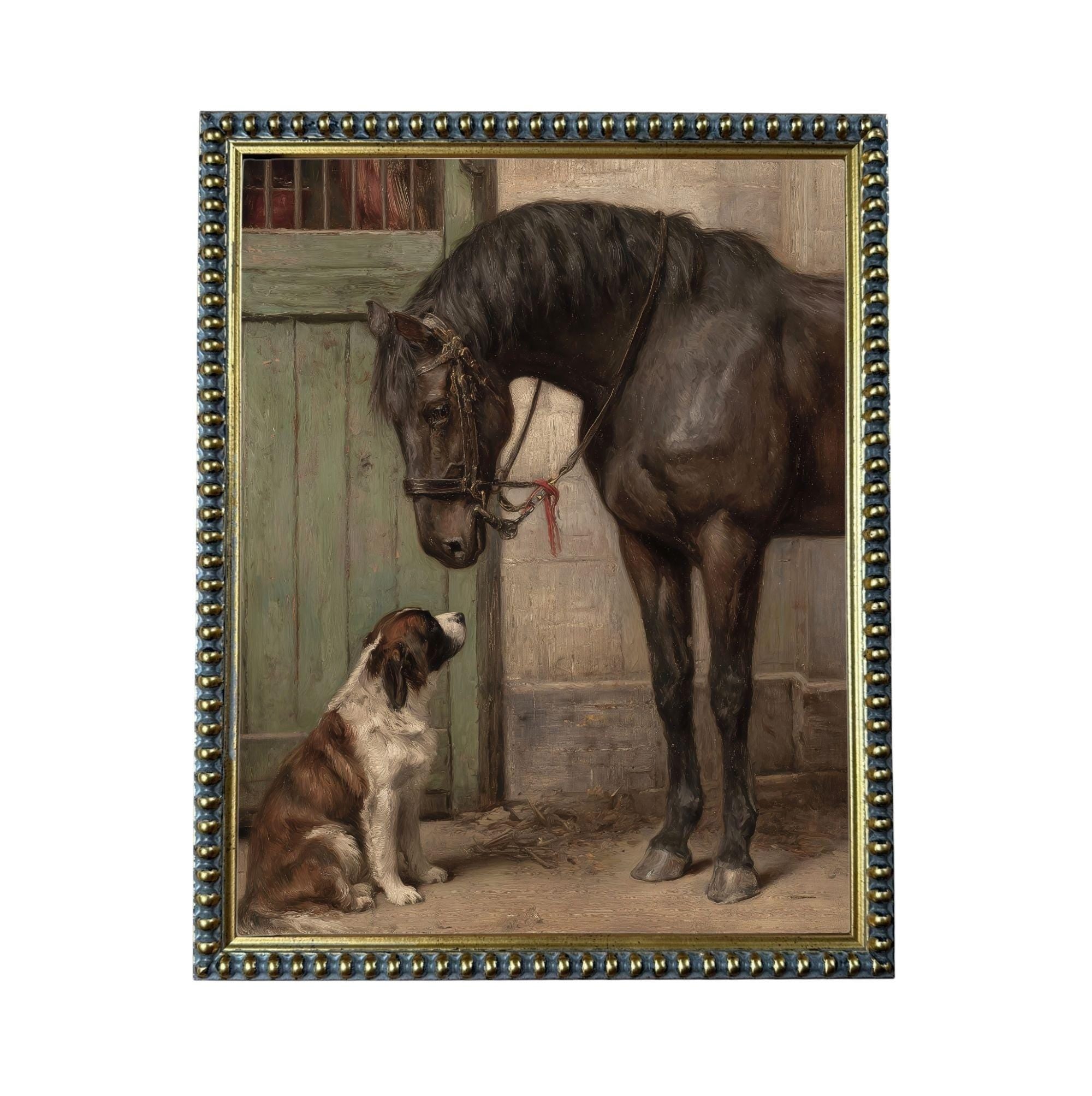 A brown horse and a brown and white dog are standing in a stable, with the horse looking down at the dog.