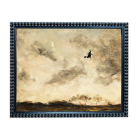 The image is a painting depicting a witch flying through a cloudy sky with a crescent moon visible.