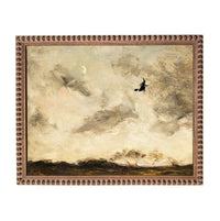 The image is an oil painting depicting a witch flying through a cloudy sky with a crescent moon visible.