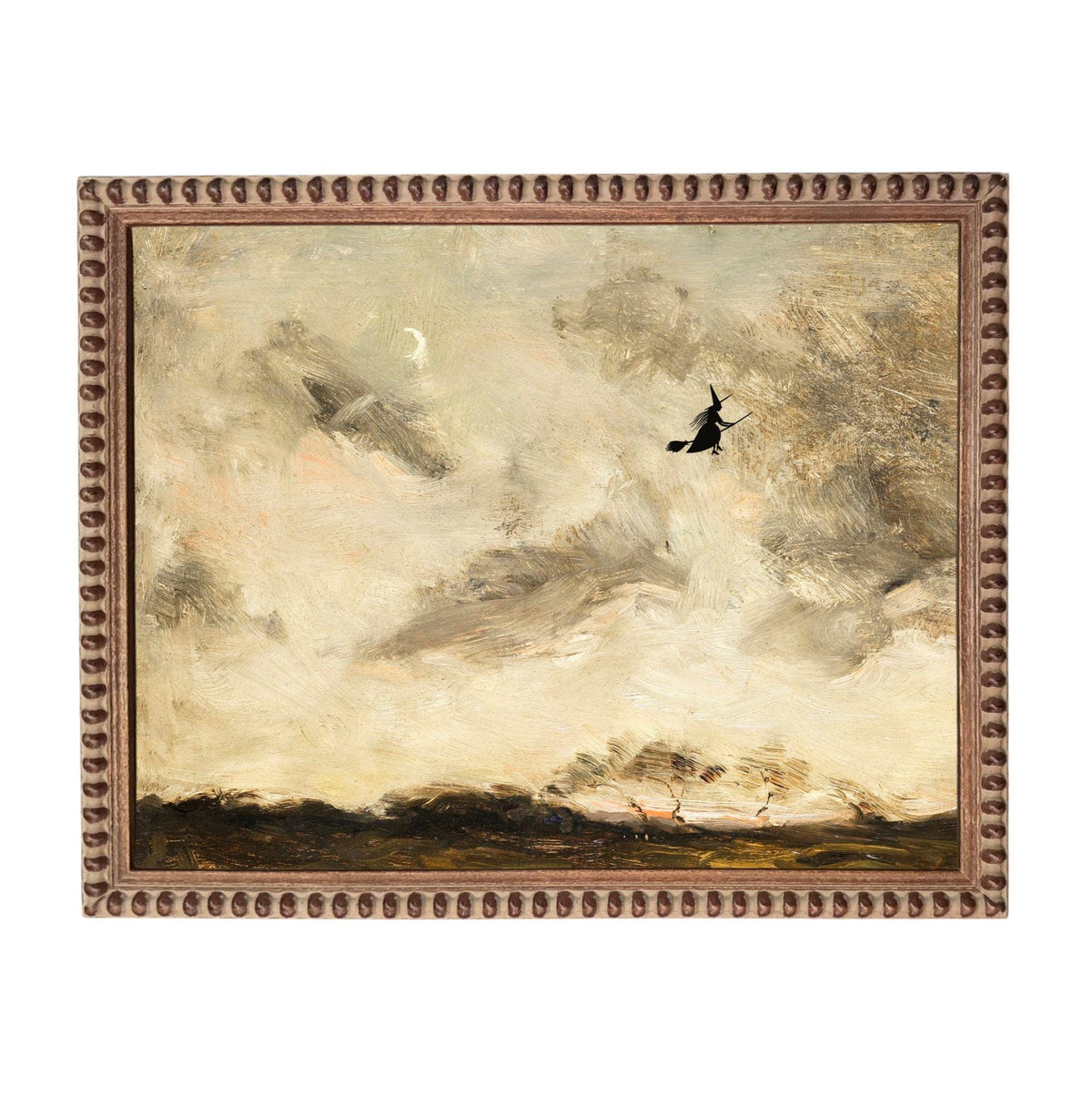 The image is an oil painting depicting a witch flying through a cloudy sky with a crescent moon visible.