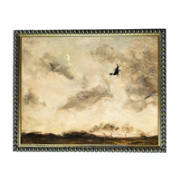 The image is a painting of a witch flying through a cloudy sky with a crescent moon visible.