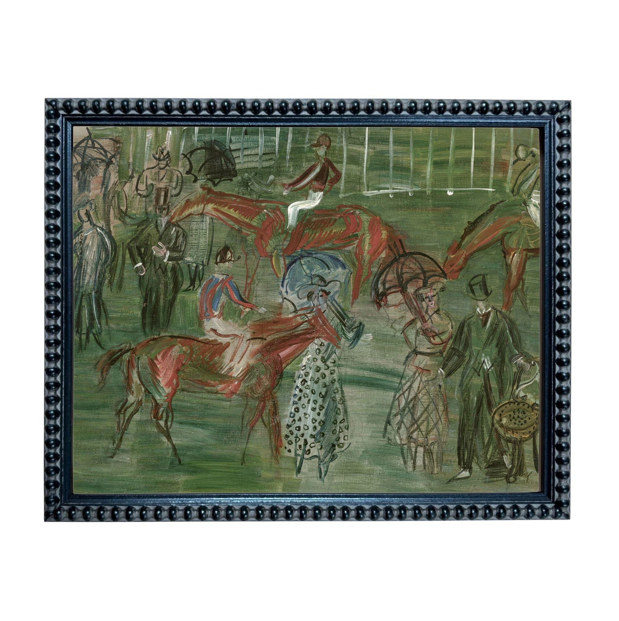 The image is a framed painting depicting a lively scene with people and horses in a green field.