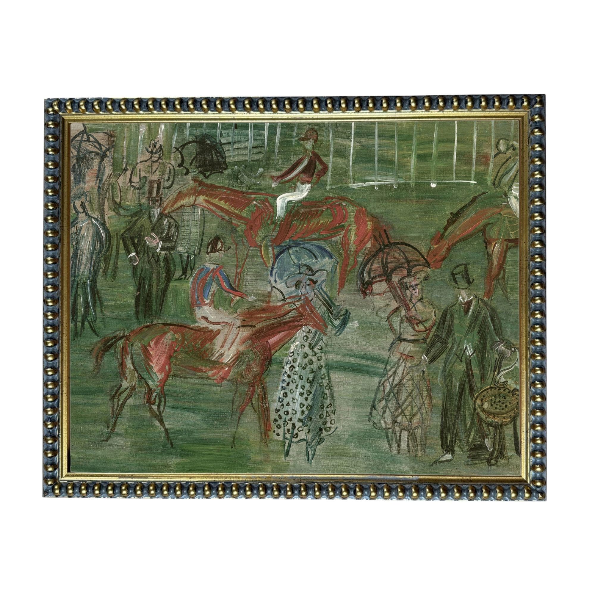 The image is a painting depicting a lively scene with people dressed in fancy clothes, horses, and other elements of a social gathering or event.