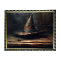 The image is a painting of a hat, possibly a witch's hat, sitting on a wooden surface.