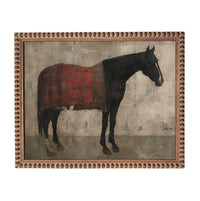 A painting of a horse wearing a red blanket.