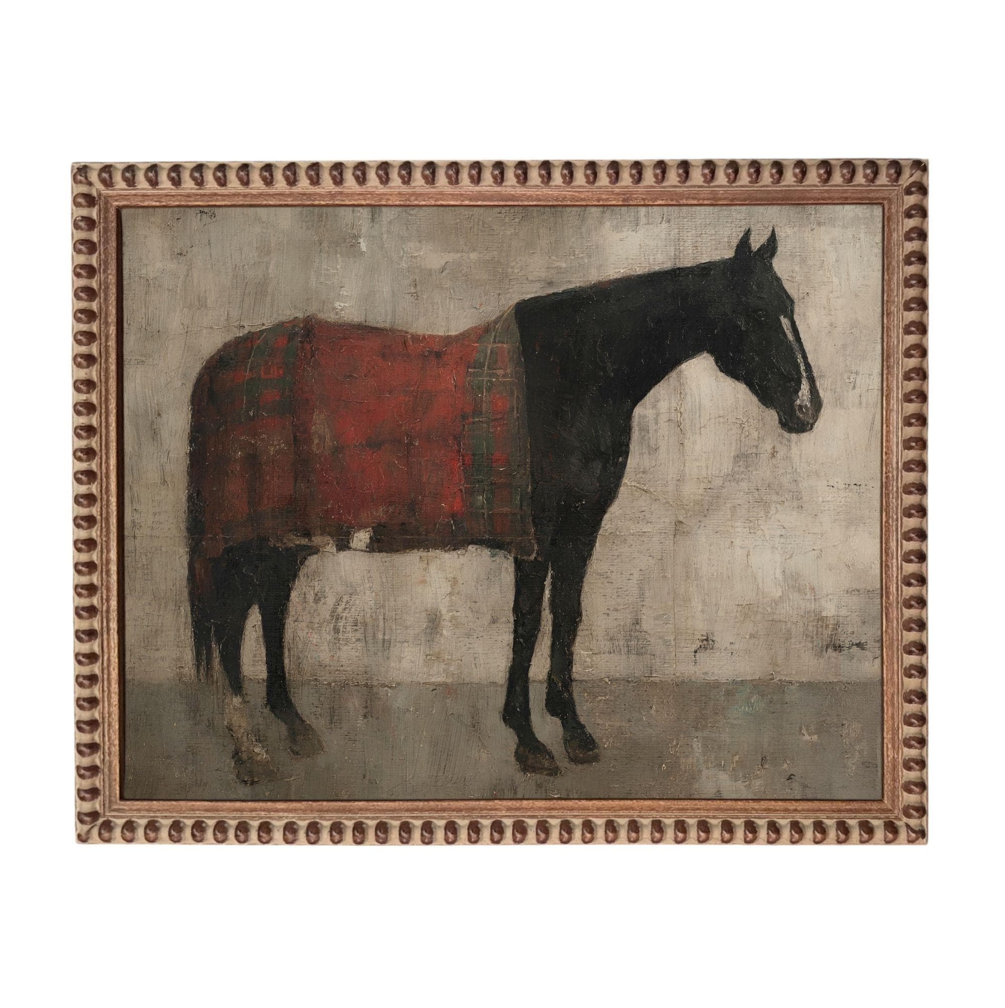 A painting of a horse wearing a red blanket.