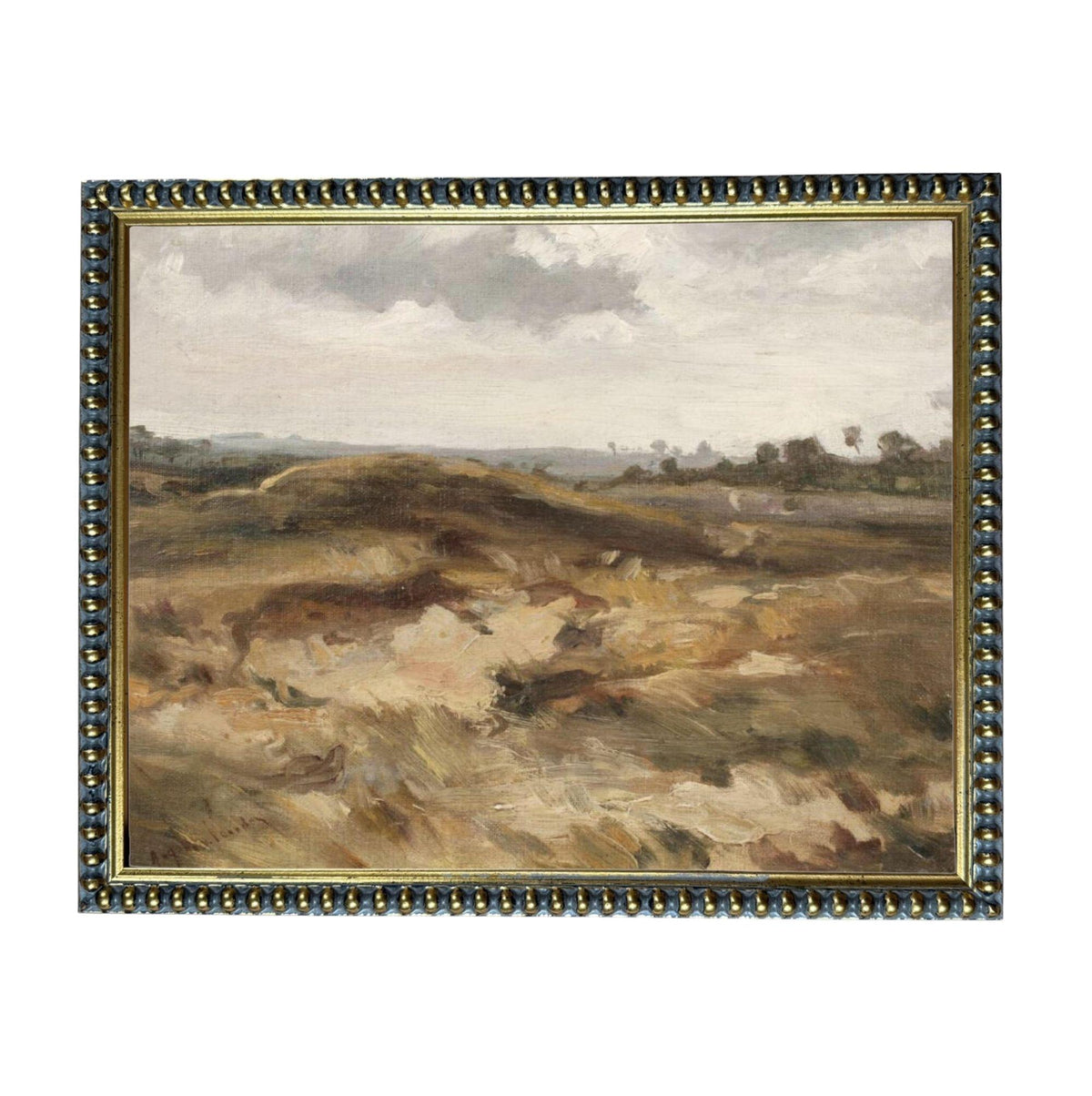The image is a painting of a rural landscape with rolling hills, fields, and trees under a cloudy sky.