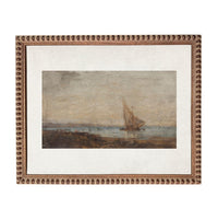 The image is a painting of a sailboat on the water, with a coastal landscape in the background.