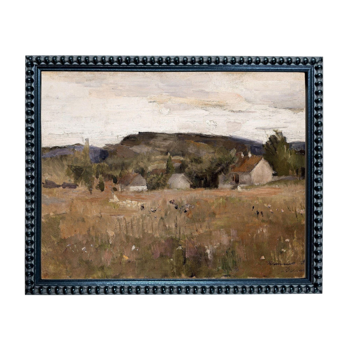 The image is a framed painting depicting a rural landscape with a field, buildings, and trees in the background.