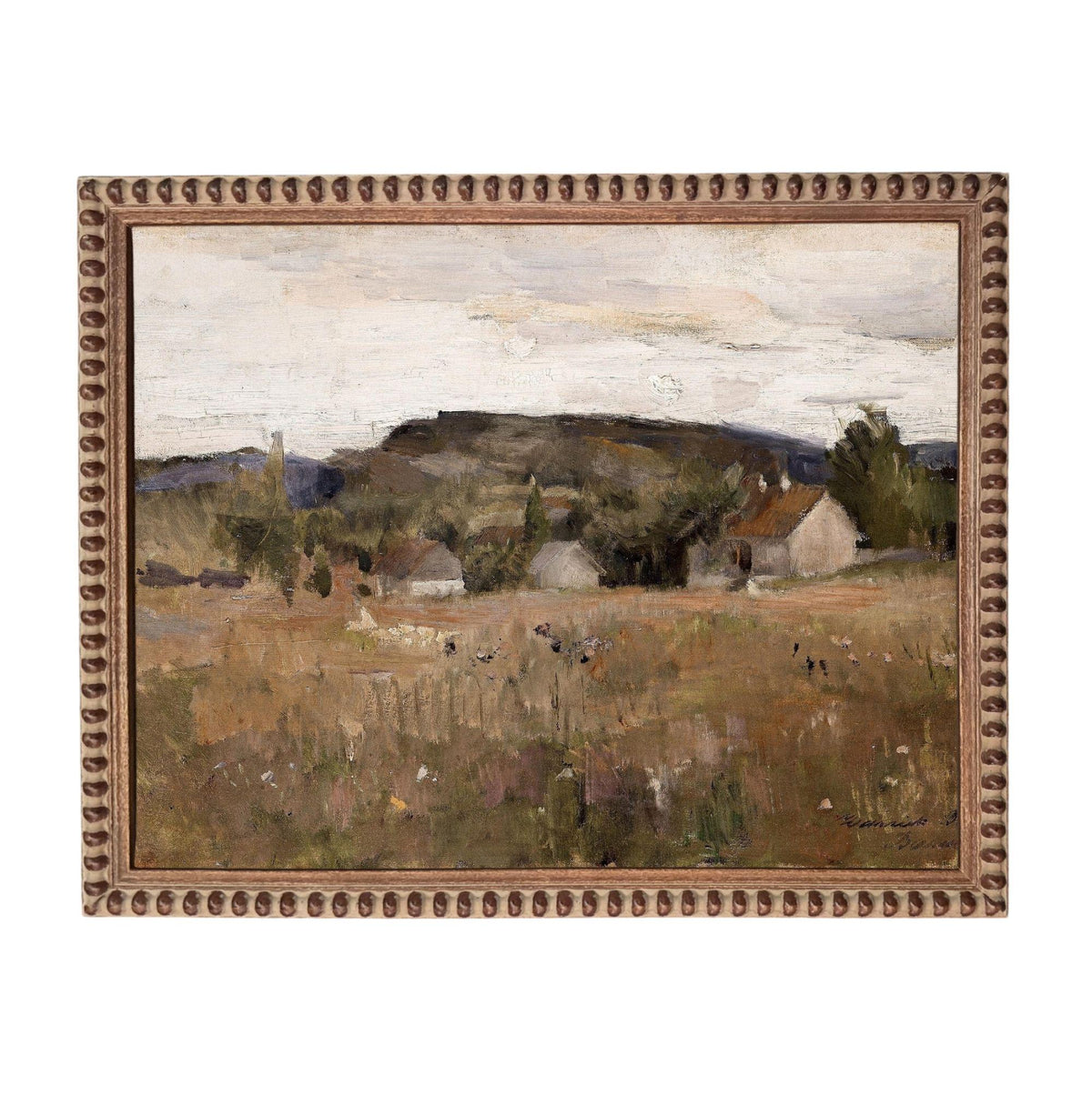 The image is a painting depicting a rural landscape with a field, buildings, and trees in the background.