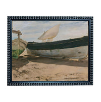 The image is a painting of two boats on a beach, with one boat having a sail and the other boat appearing to be empty.