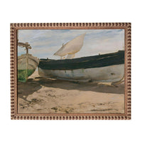 The image is a painting of two boats on a beach, with one boat having a sail and the other boat appearing to be empty.