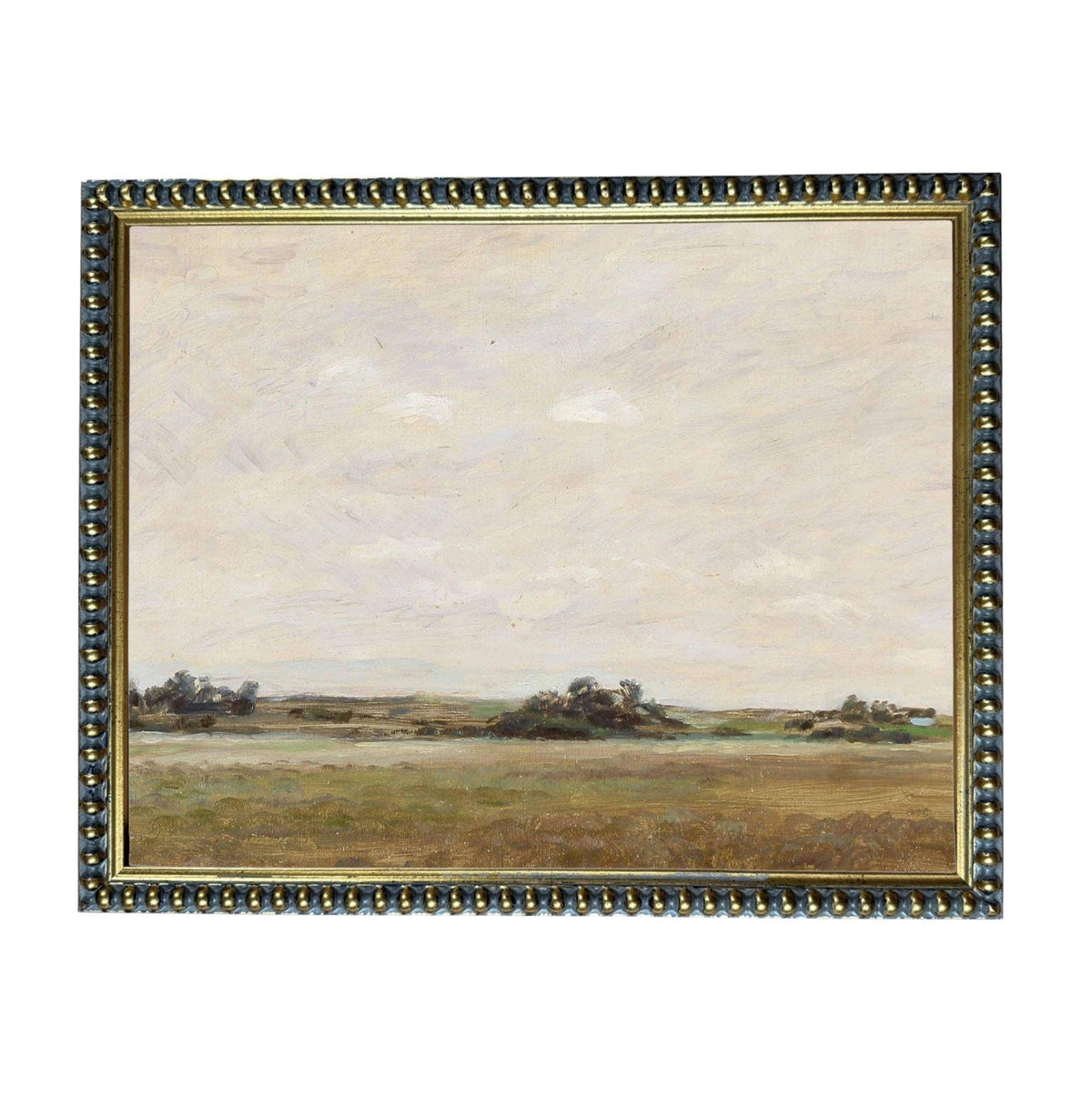 The image is a painting of a landscape with a field and trees in the distance.