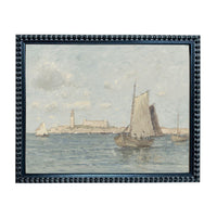 The image is a painting depicting a serene scene of sailboats on the water, with a coastal city visible in the background.