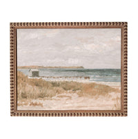 The image is a painting depicting a serene coastal scene with a pier, grassy area, and the ocean in the background.