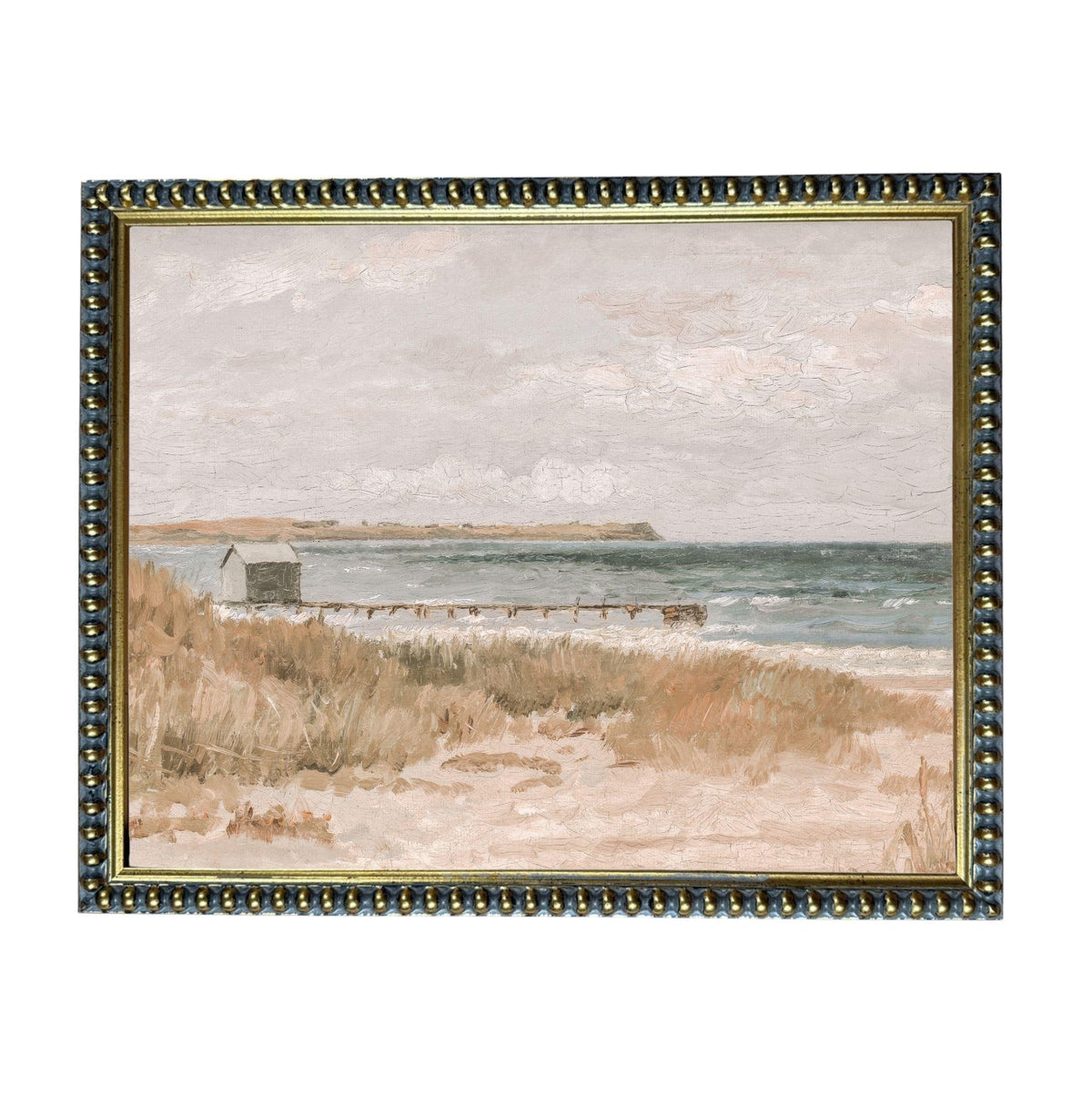 The image is a painting depicting a serene coastal scene with a pier, grassy area, and the ocean in the background.