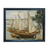 The image is an oil painting depicting a harbor scene with several sailboats on the water.
