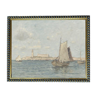 The image is a painting depicting a serene scene of sailboats on the water, with a cityscape in the background.