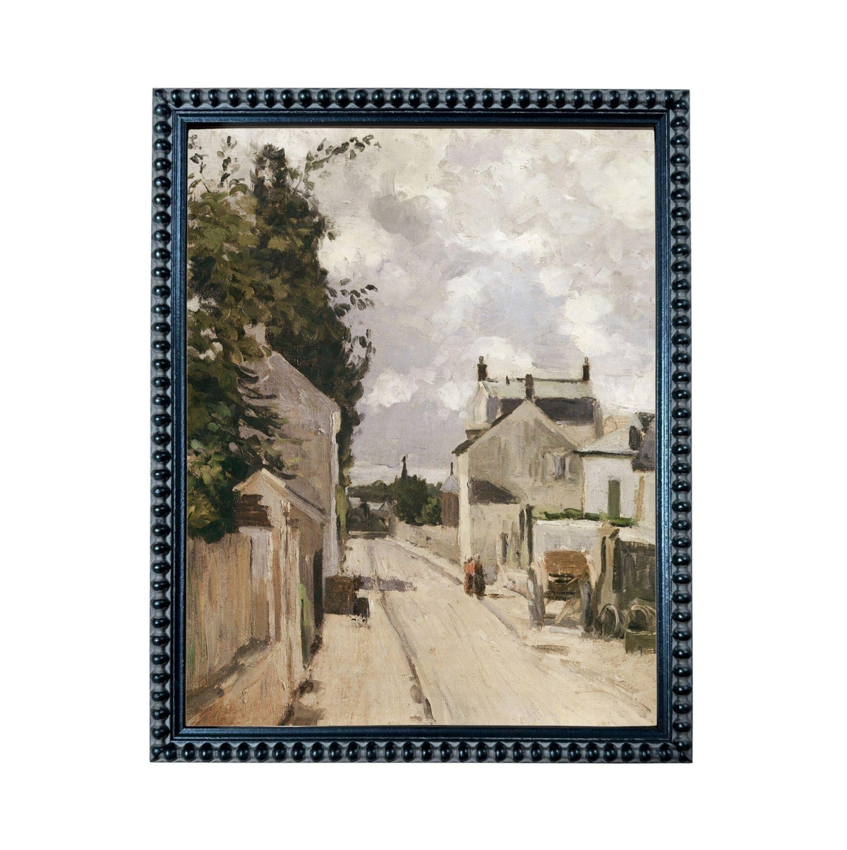 The image is an oil painting depicting a street scene with buildings, trees, and people.