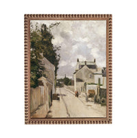 The image is an oil painting depicting a street scene with buildings, trees, and people.