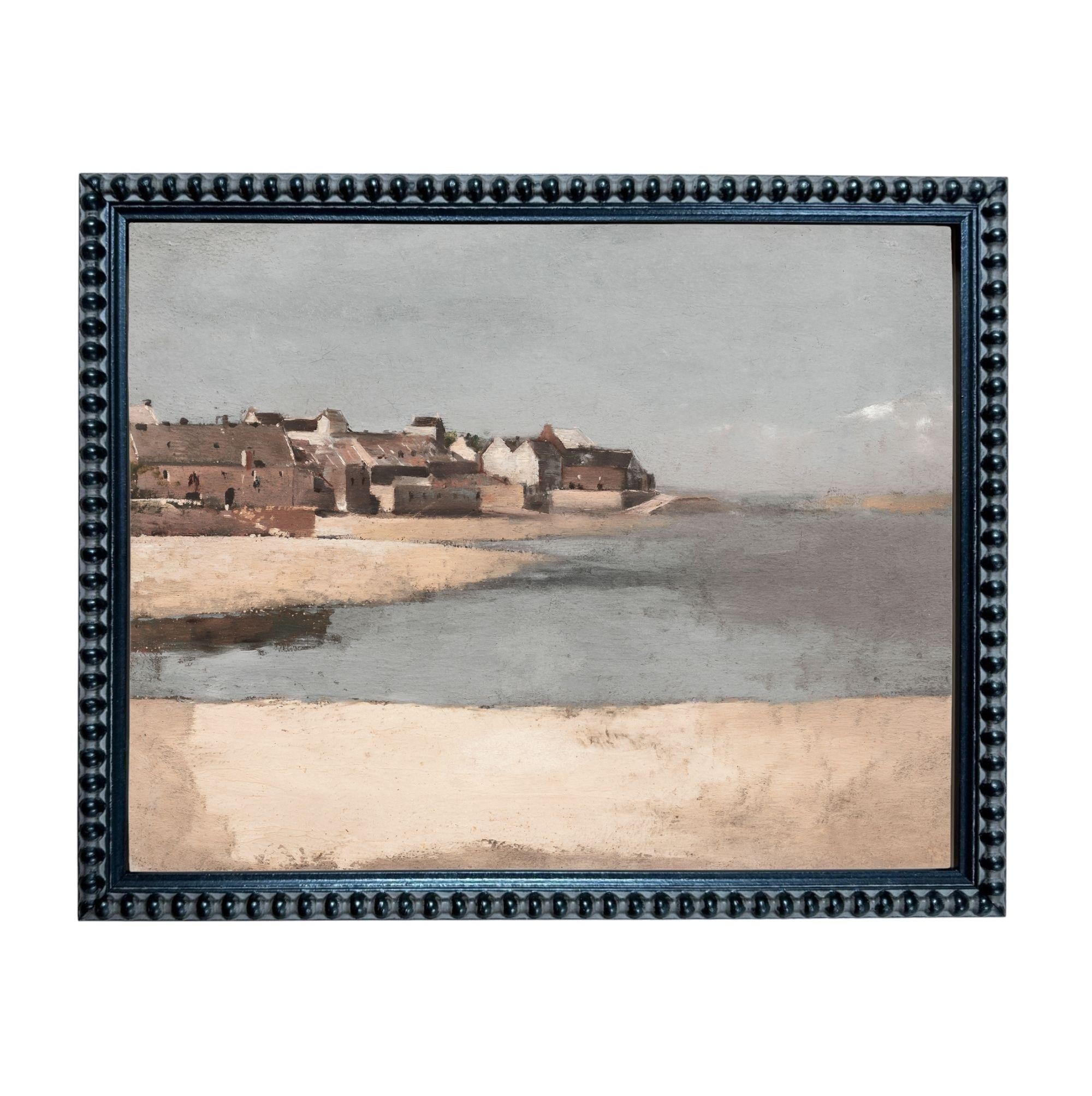 The image is a framed painting depicting a coastal town with buildings and a beach in the background.