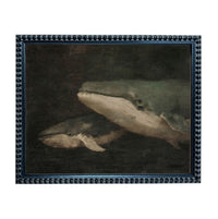 The image is a painting of two large gray whales swimming in the dark, with a dark background.