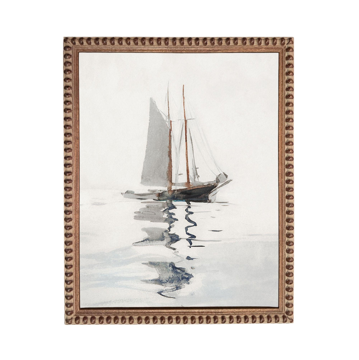 A painting of a sailboat on the water, with a wooden frame surrounding it.
