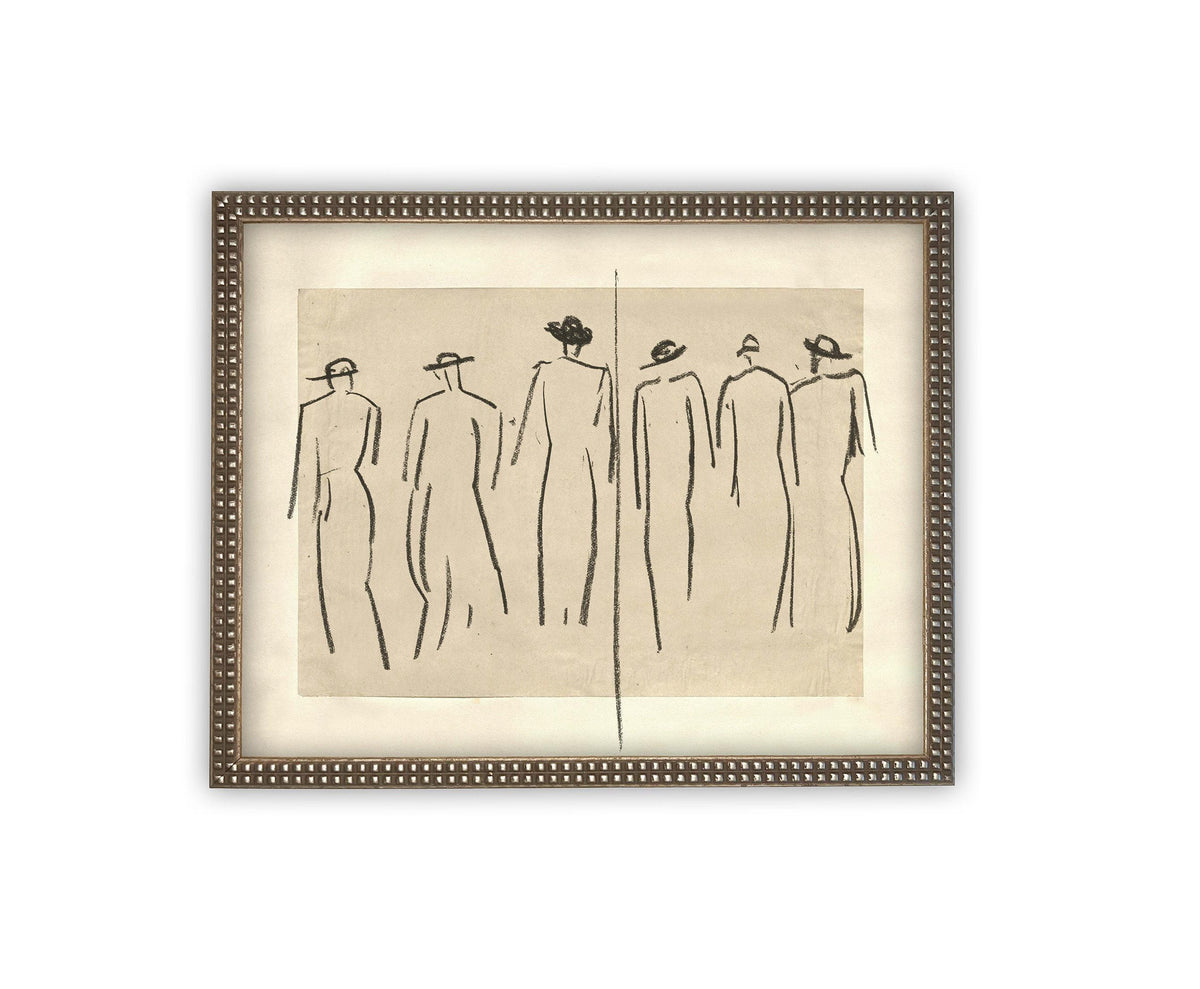 READY TO SHIP 8X10 Vintage Framed Canvas Art: Women Walking Sketch Print
