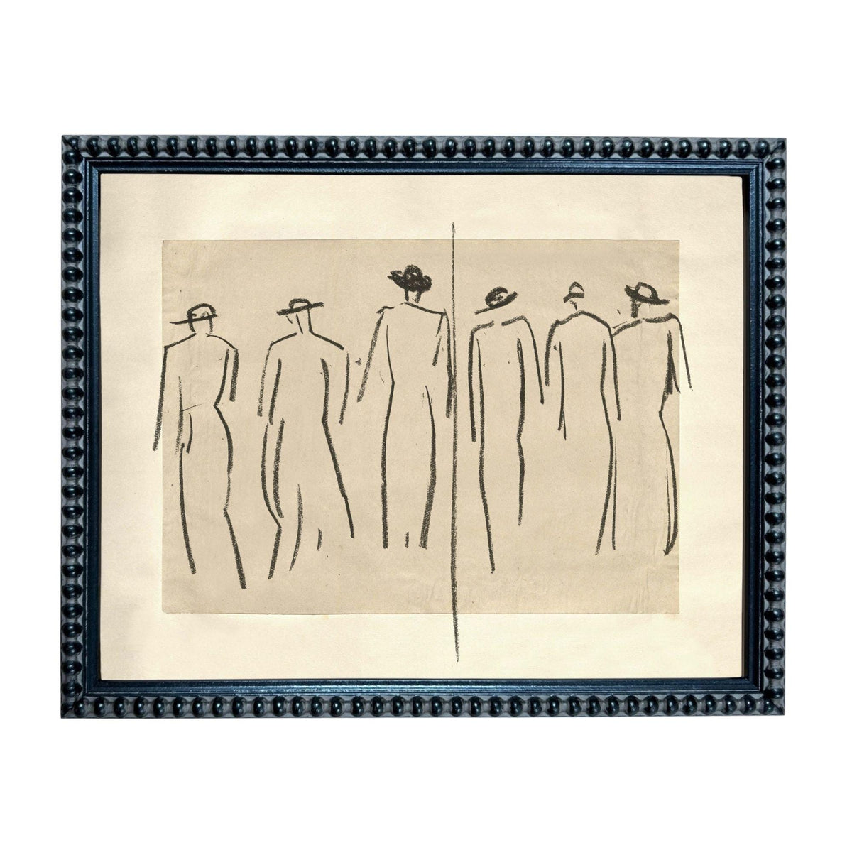 The image is a framed artwork depicting a group of stylized human figures in a line, with a simple black and white color scheme.