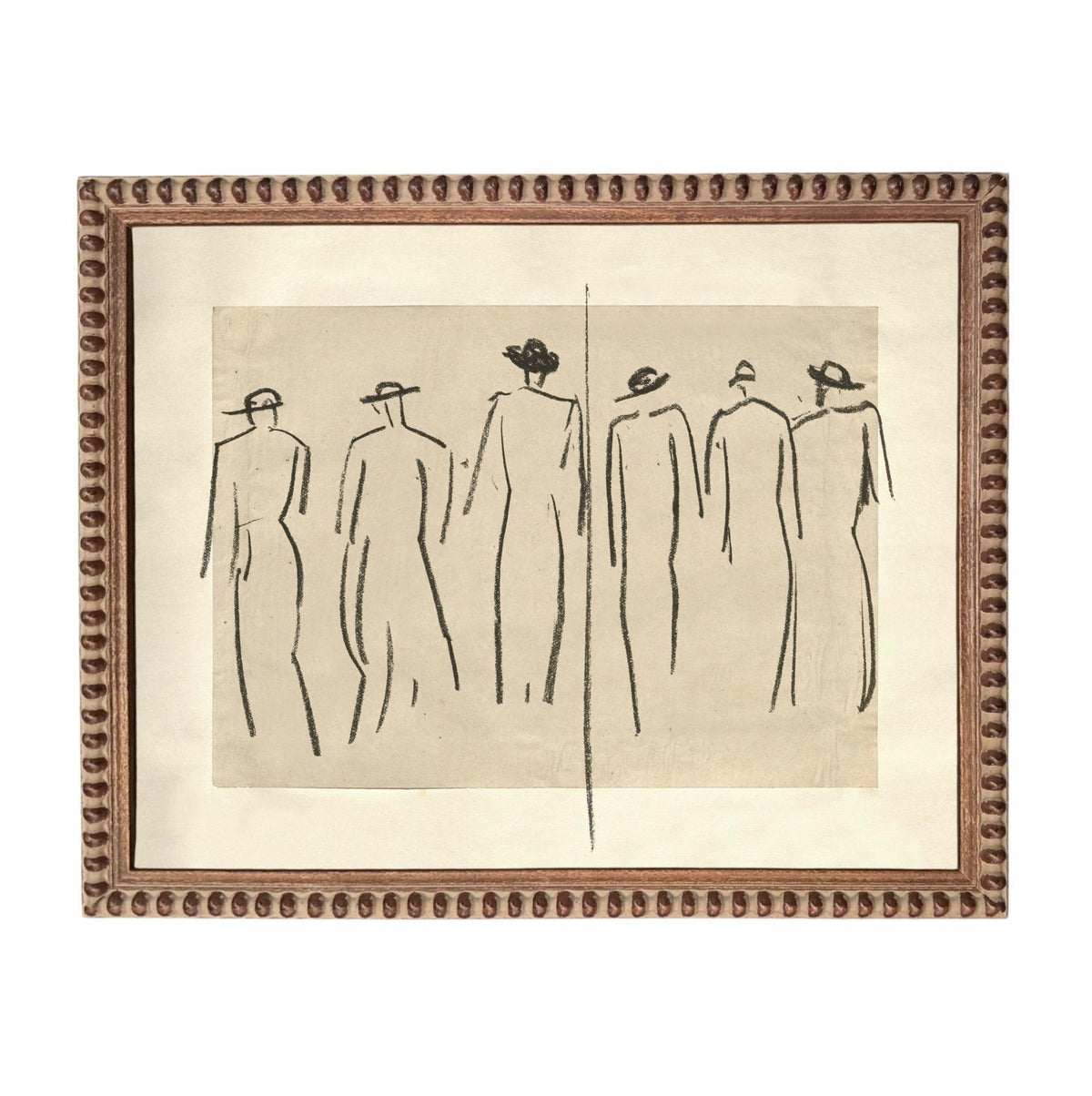 The image is a framed artwork depicting a group of stylized human figures in a line, with a simple and minimalist design.