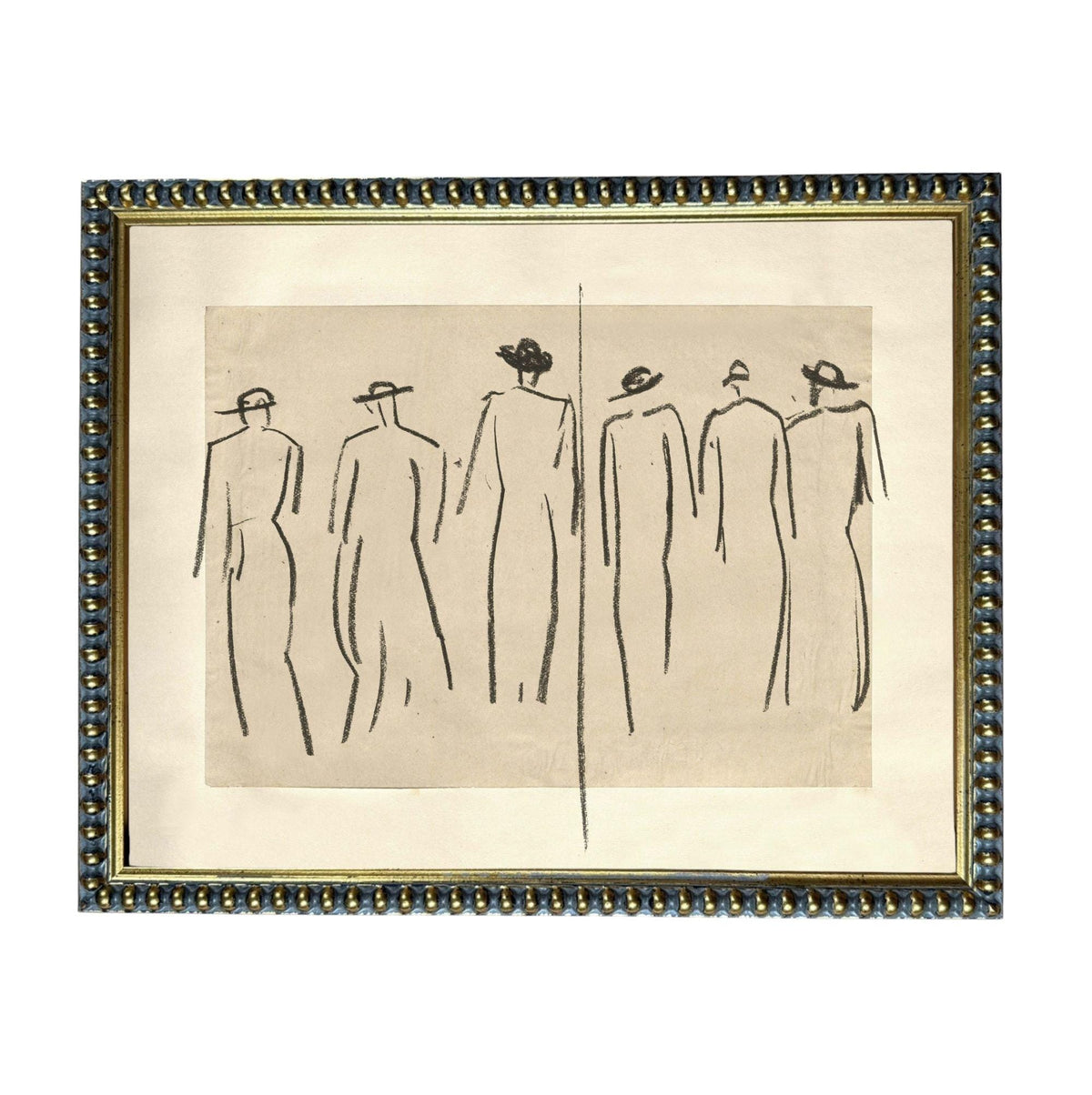 The image is a framed artwork depicting a group of stylized human figures in a line, with a simple and minimalist design.