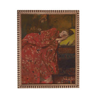 a woman wearing a red dress with a floral pattern, lying down and resting her head on her hand.