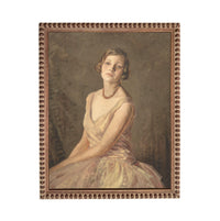 A portrait of a woman wearing a pink dress, with a pensive expression on her face.