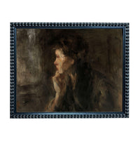 The image is a painting of a woman with a pensive expression, captured in a dark, moody style.