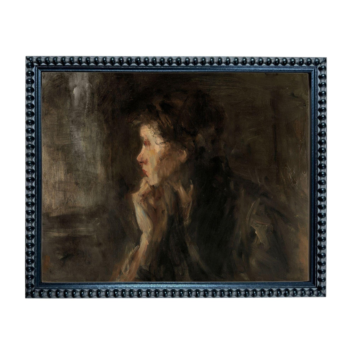 The image is a painting of a woman with a pensive expression, captured in a dark, moody style.