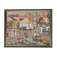 The image is an oil painting depicting a lively street scene with colorful buildings, people, and vehicles.