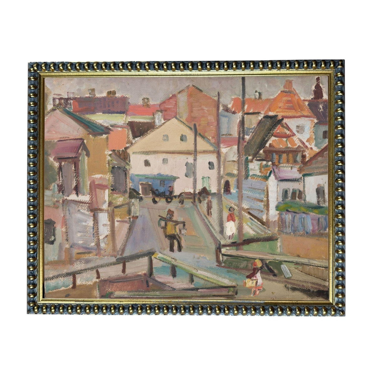 The image is an oil painting depicting a lively street scene with colorful buildings, people, and vehicles.