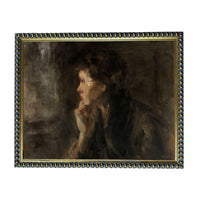 The image is a painting of a woman with a pensive expression, captured in a dark, moody style.